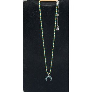 Justin Western Beaded Necklace Crescent Horn Pendant Green Yellow Silver NWT‎